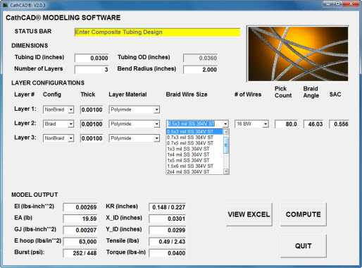 CathCAD® Menu: Numerical Input Fields for catheter dimensions and drop down boxes for braid wire sizes and material selection